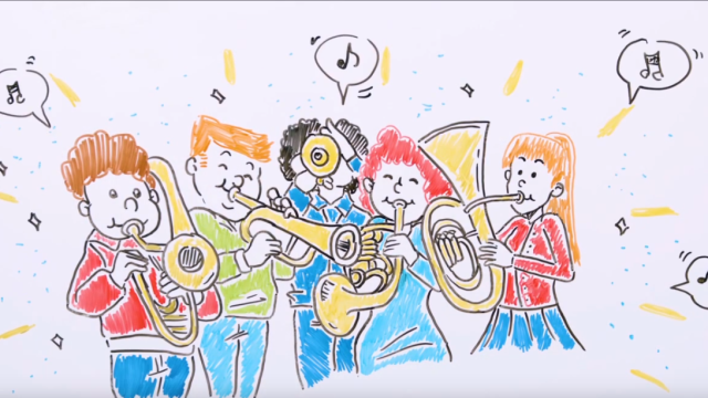 Bunte Zeichnung: Eine fr&ouml;hliche Gruppe von f&uuml;nf Kindern/Menschen spielt verschiedene Blasinstrumente in einem Chor.